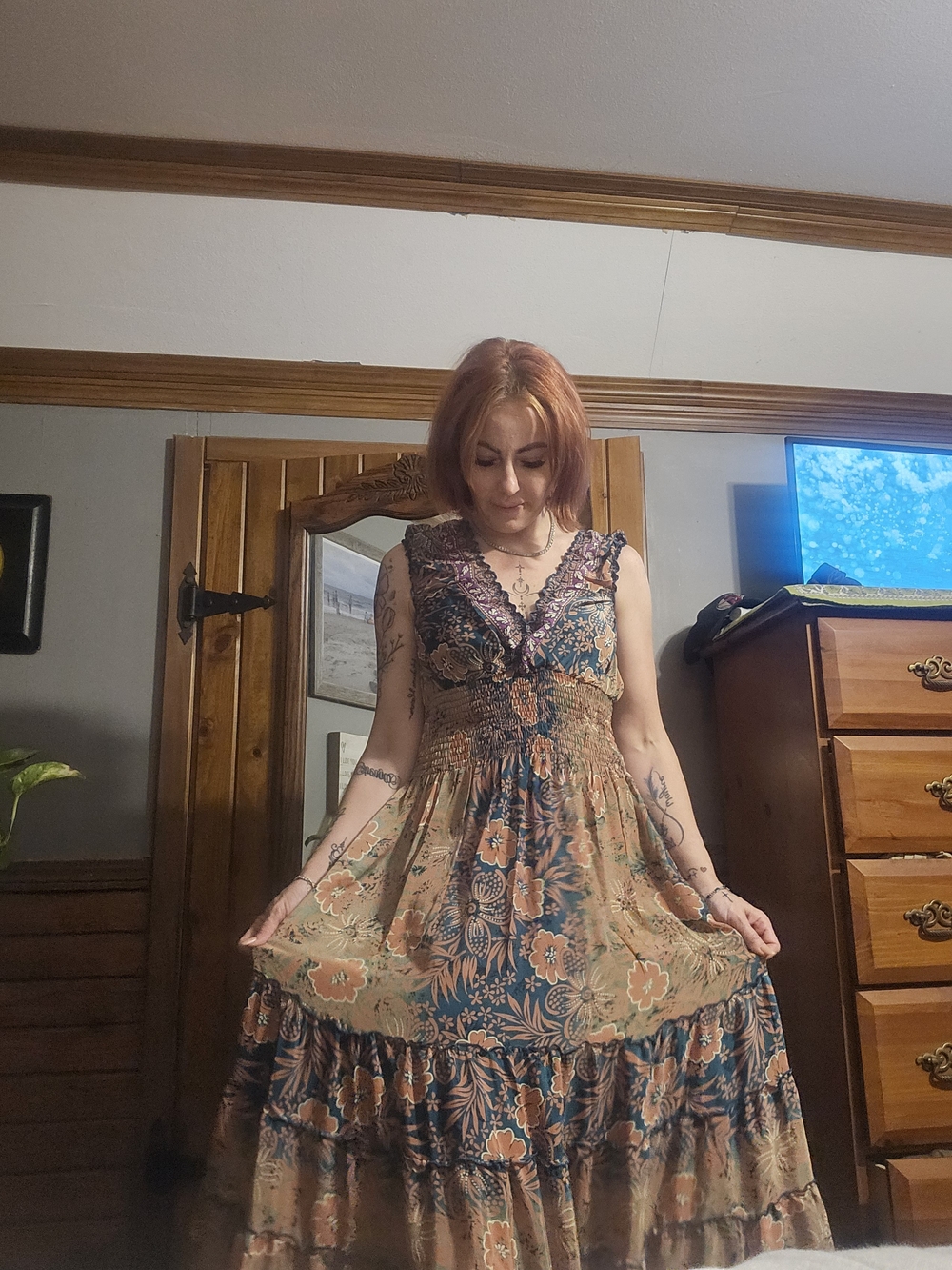 Boho Floral V-Neck Maxi Dress in Teal and Tan